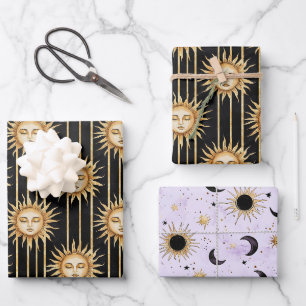 Black Gold Sun Eyelashes Birthday Wrapping Paper Sheet