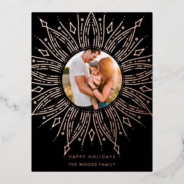 Black & Gold sunburst frame art deco Christmas Foil Holiday Postcard (Front)