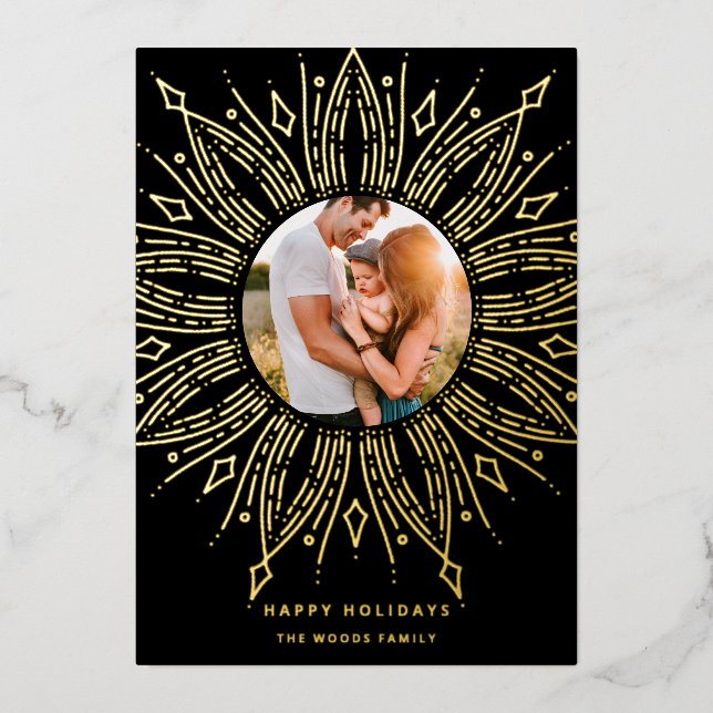 Black & Gold sunburst frame art deco photo Foil Holiday Card (Front)