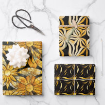Black & Gold Sunburst Wrapping Paper Flat Set of 3