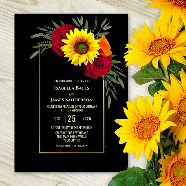Black Gold Sunflower Burgundy Rose Wedding Invitation (Creator Uploaded)