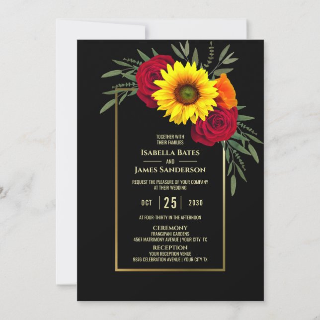 Black Gold Sunflower Burgundy Rose Wedding Invitation (Front)