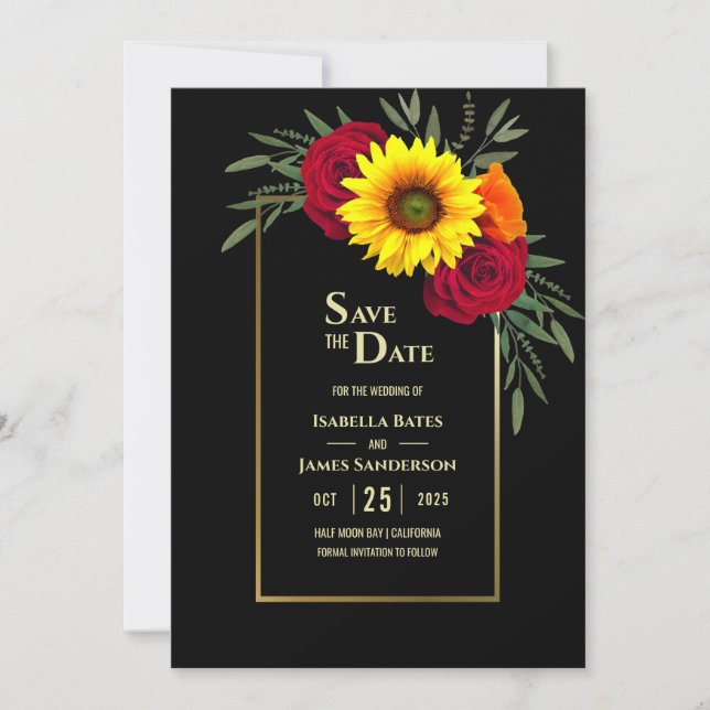 Black Gold Sunflower Burgundy Rose Wedding Save Th Save The Date (Front)