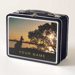 Black & Gold Sunset Kangaroo Tree Silhouette Metal Lunch Box