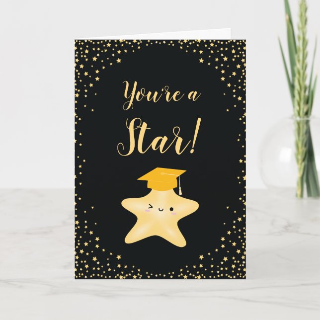 Black & Gold Superstar Graduation Congratulations Card (Front)