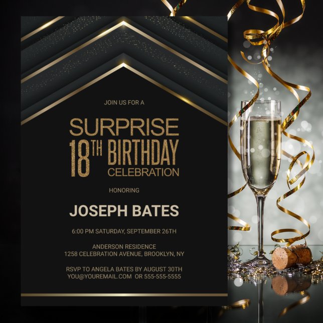 Black Gold Surprise 18th Birthday Invitation (Creator Uploaded)