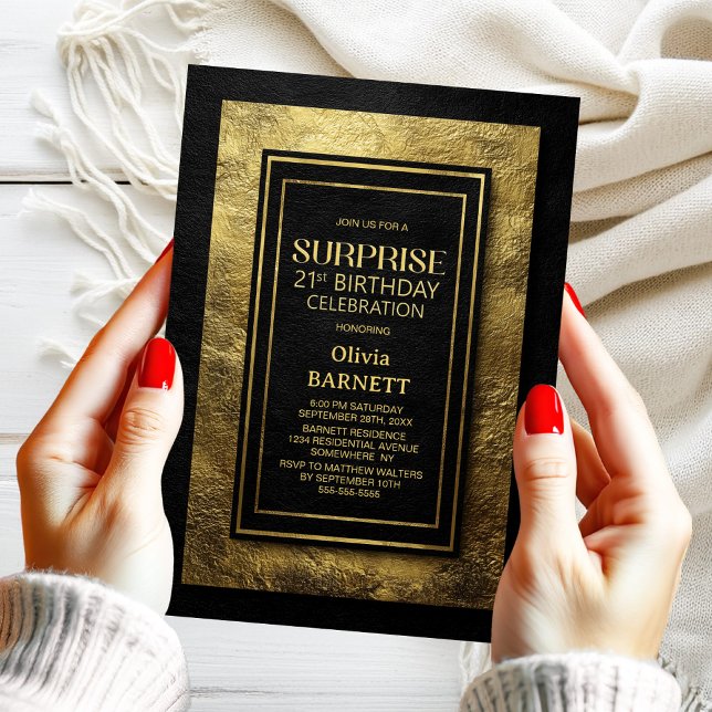 Black Gold Surprise 21st Birthday Party Invitation (Creator Uploaded)
