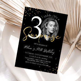 Black Gold Surprise 30th Birthday Photo Invitation