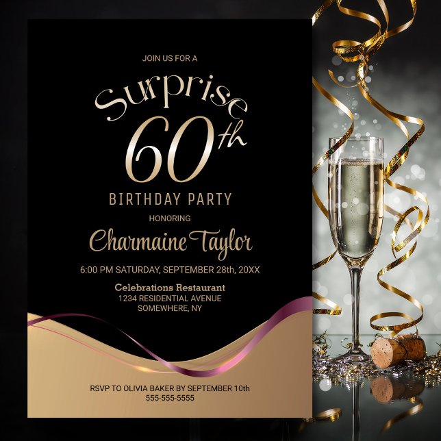 Black Gold Surprise 60th Birthday Party Invitation (Creator Uploaded)