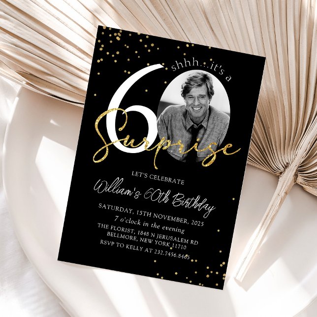 Black Gold Surprise 60th Birthday Photo Invitation (Creator Uploaded)