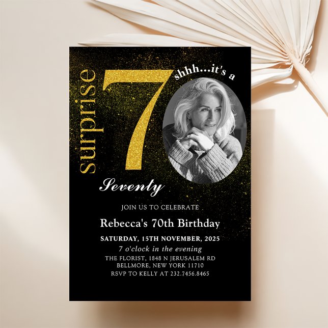 Black Gold Surprise 70th Birthday Photo Invitation (Creator Uploaded)