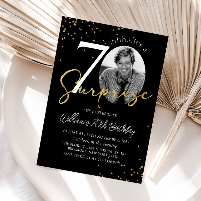 Black Gold Surprise 70th Birthday Photo Invitation (Creator Uploaded)