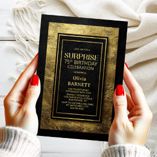 Black Gold Surprise 75th Birthday Party Invitation