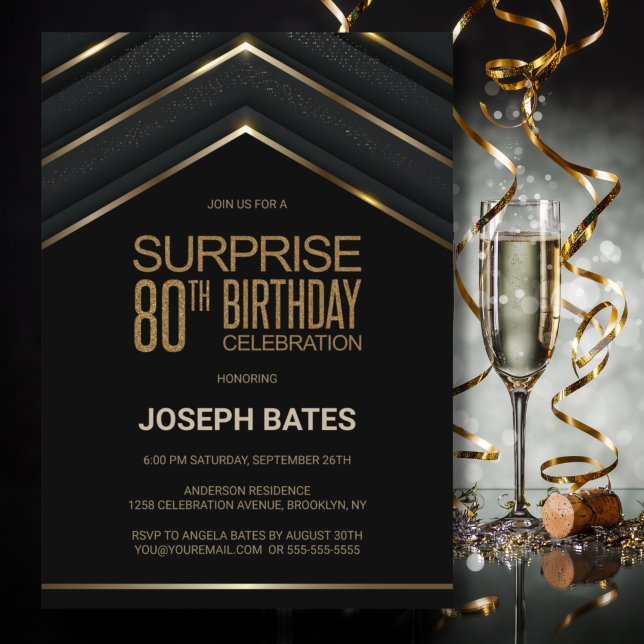 Black Gold Surprise 80th Birthday Invitation (Creator Uploaded)