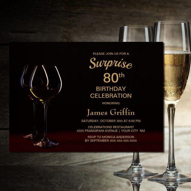 Black Gold Surprise 80th Birthday Wine Glass Party Invitation (Creator Uploaded)