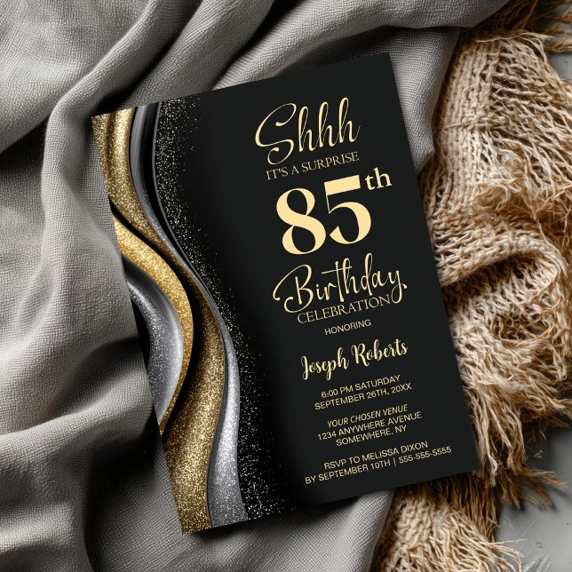 Black Gold Surprise 85th Birthday Party Invitation (Creator Uploaded)