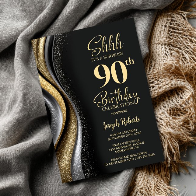 Black Gold Surprise 90th Birthday Party Invitation (Creator Uploaded)