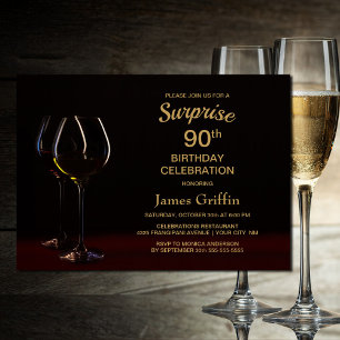Black Gold Surprise 90th Birthday Wine Glass Party Invitation