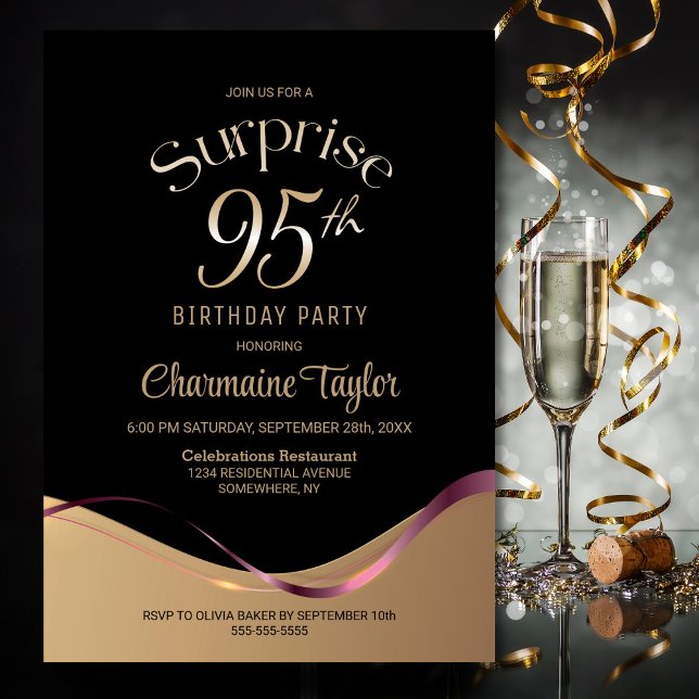 Black Gold Surprise 95th Birthday Party Invitation (Creator Uploaded)