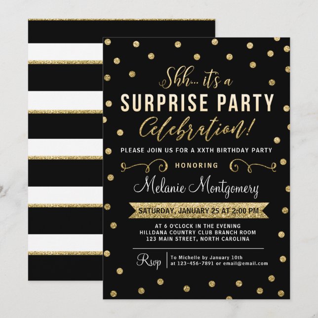 Black Gold Surprise Birthday Party Invitation (Front/Back)