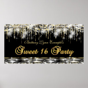 Black Gold Sweet 16 Birthday Party Banner Poster