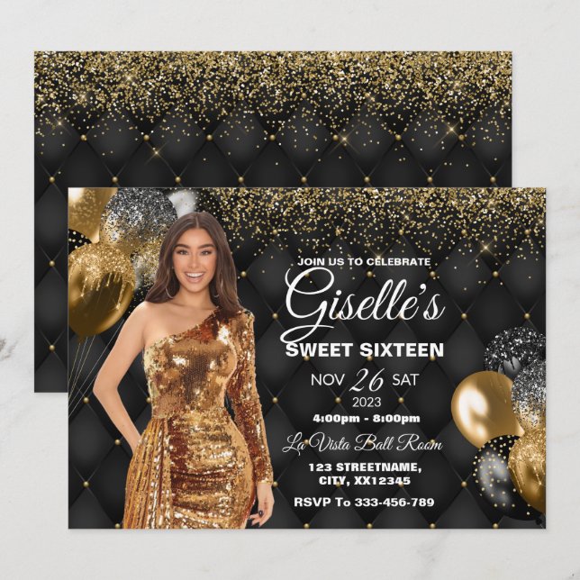 Black & Gold Sweet 16 Girl Birthday Invitation (Front/Back)