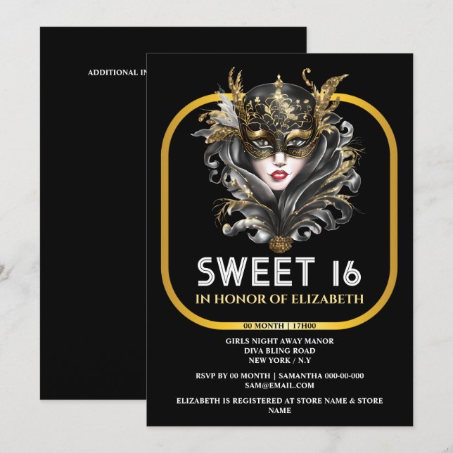 Black gold sweet 16 masquerade girls face mask invitation (Front/Back)