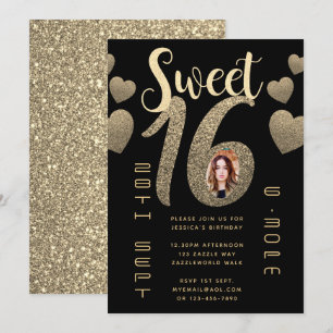 Black Gold Sweet 16 Modern Photo Glitter Invites