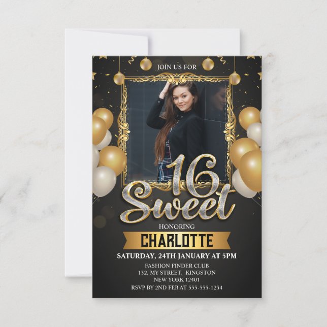 Black & Gold Sweet 16 Photo Glitter Balloon Invitation (Front)