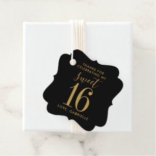 Black Gold Sweet 16 Photo Name Thank You Birthday  Favour Tags