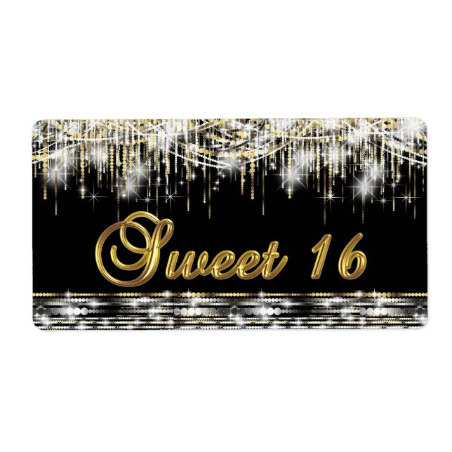 Black Gold Sweet 16 Water Bottle Labels (Front)