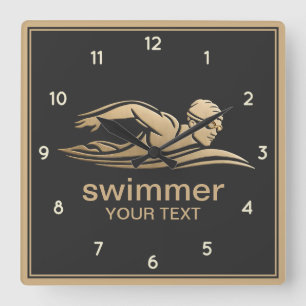 Black Gold Swimmer Swimming Pool Water Custom  Square Wall Clock
