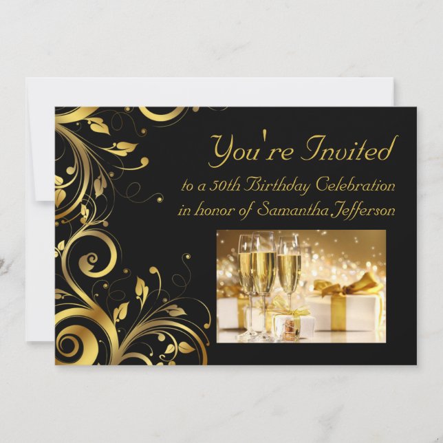 Black & Gold Swirl 5x7 Custom 50th Birthday Party Invitation (Front)