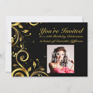 Black+Gold Swirl, Custom Photo 50th Birthday Party Invitation