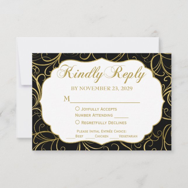 Black Gold Swirl RSVP Wedding Response w/ Meal (Front)