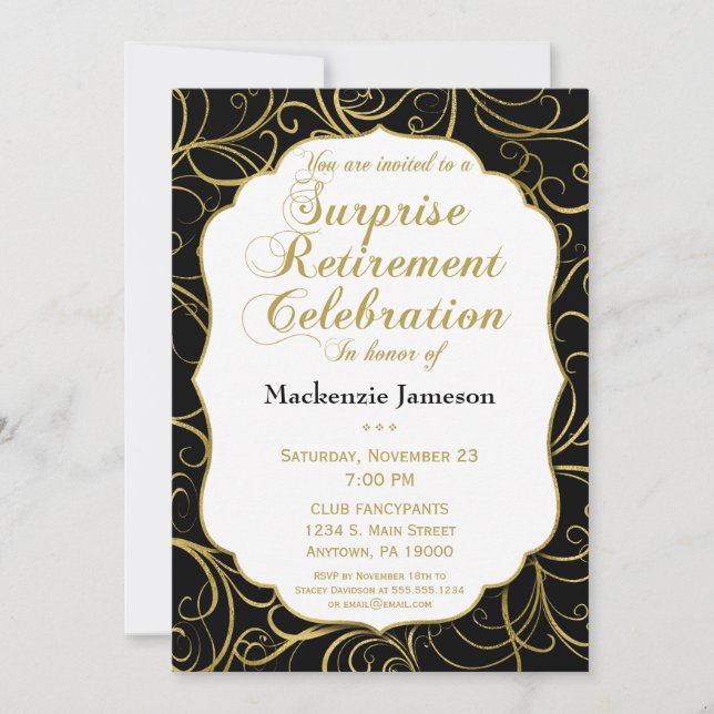 Black Gold Swirl Surprise Retirement Invitation (Front)