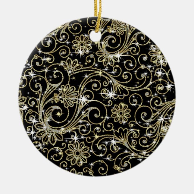 Black & Gold Swirls Ceramic Tree Decoration (Front)