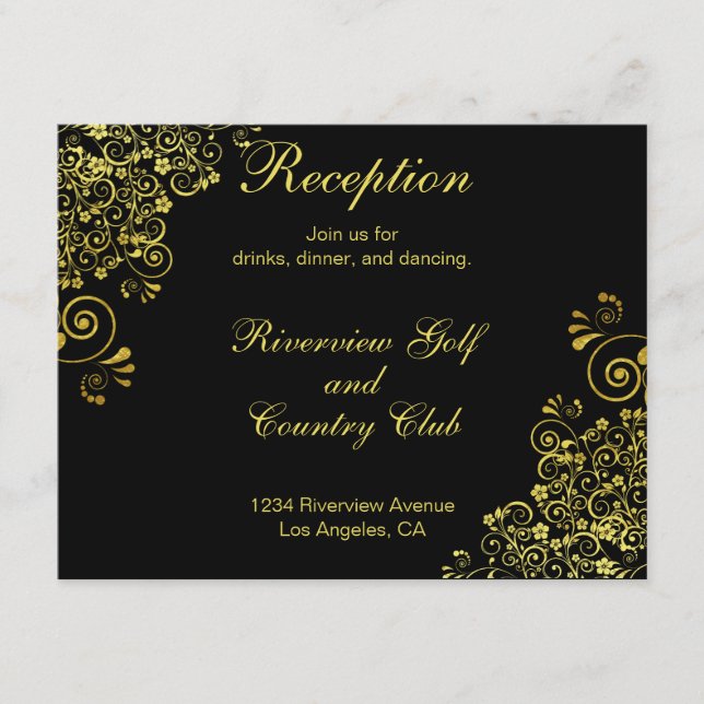 Black Gold  Swirls Wedding Reception Invitation (Front)