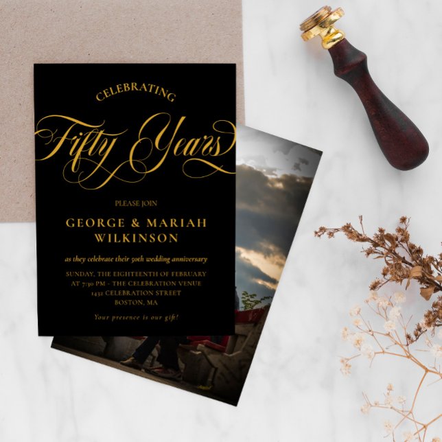 Black Gold Swirly Script 50th Wedding Anniversary Invitation (Creator Uploaded)