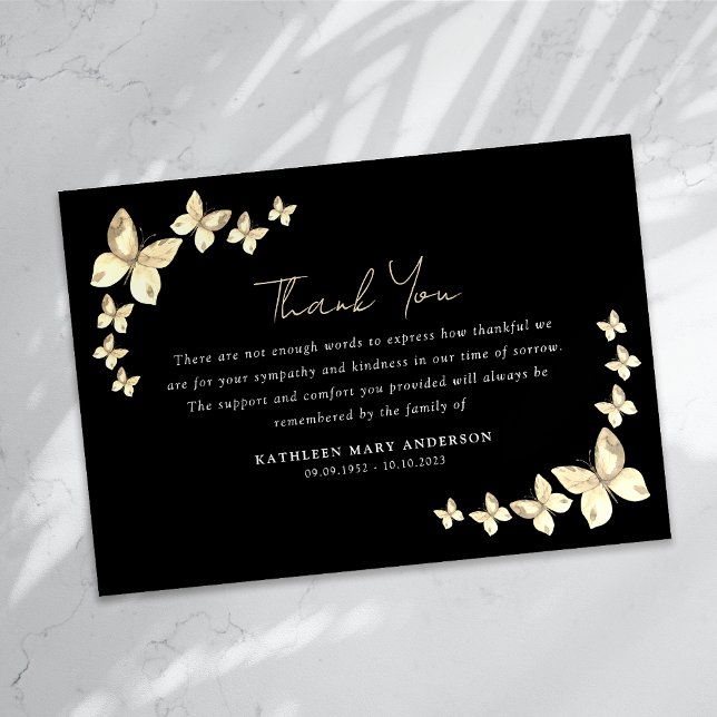 Black Gold Sympathy Butterflies Funeral  Thank You Card (Creator Uploaded)