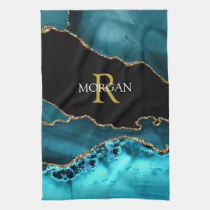 Black Gold Teal Agate DIY Gold Monogram White Name Tea Towel
