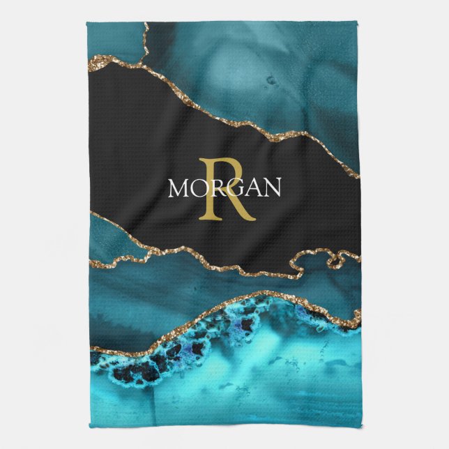 Black Gold Teal Agate DIY Gold Monogram White Name Tea Towel (Vertical)