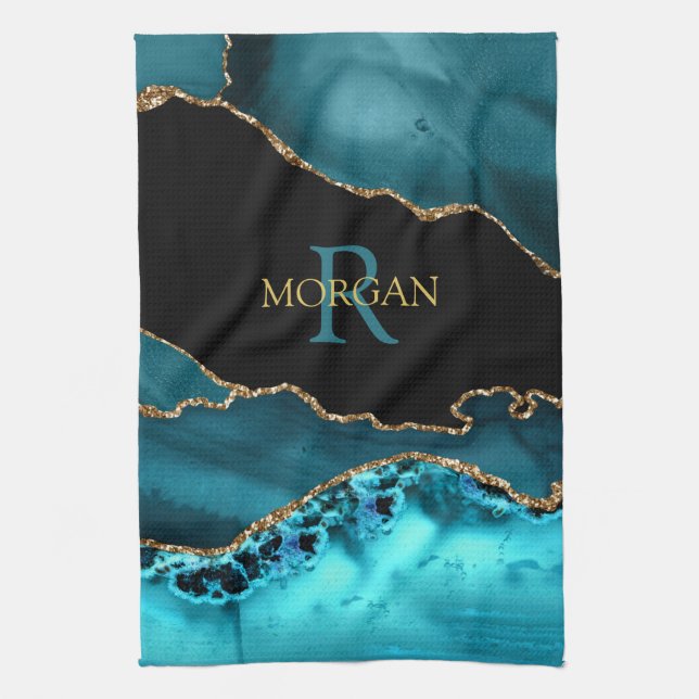 Black Gold & Teal Agate, DIY Monogram & Gold Name Tea Towel (Vertical)