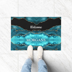 Black Gold & Teal Agate, White Monogram & Name Doormat