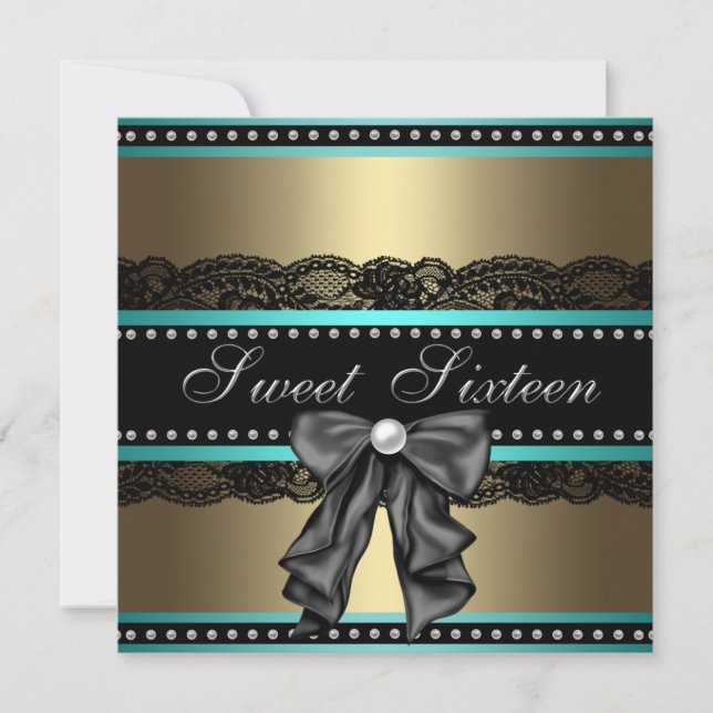 Black Gold Teal Blue Sweet 16 Birthday Party Invitation (Front)