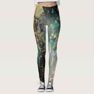 Black Gold Teal Green Grunge Splatter Fashion Leggings