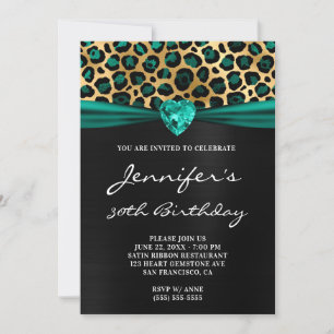 Black Gold Teal Green Leopard Foil 30th Birthday Invitation