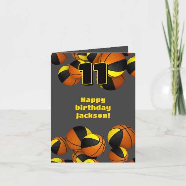 black gold team colours basketballs kids birthday card (Front)
