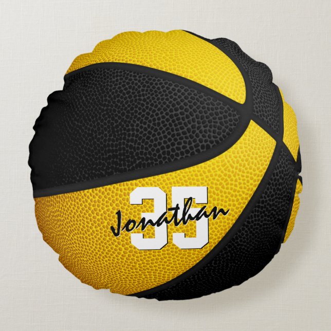 black gold team colours boys girls basketball room round cushion (Front)