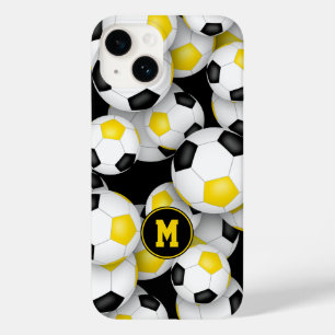 Black gold team colours fun soccer balls pattern Case-Mate iPhone 14 case